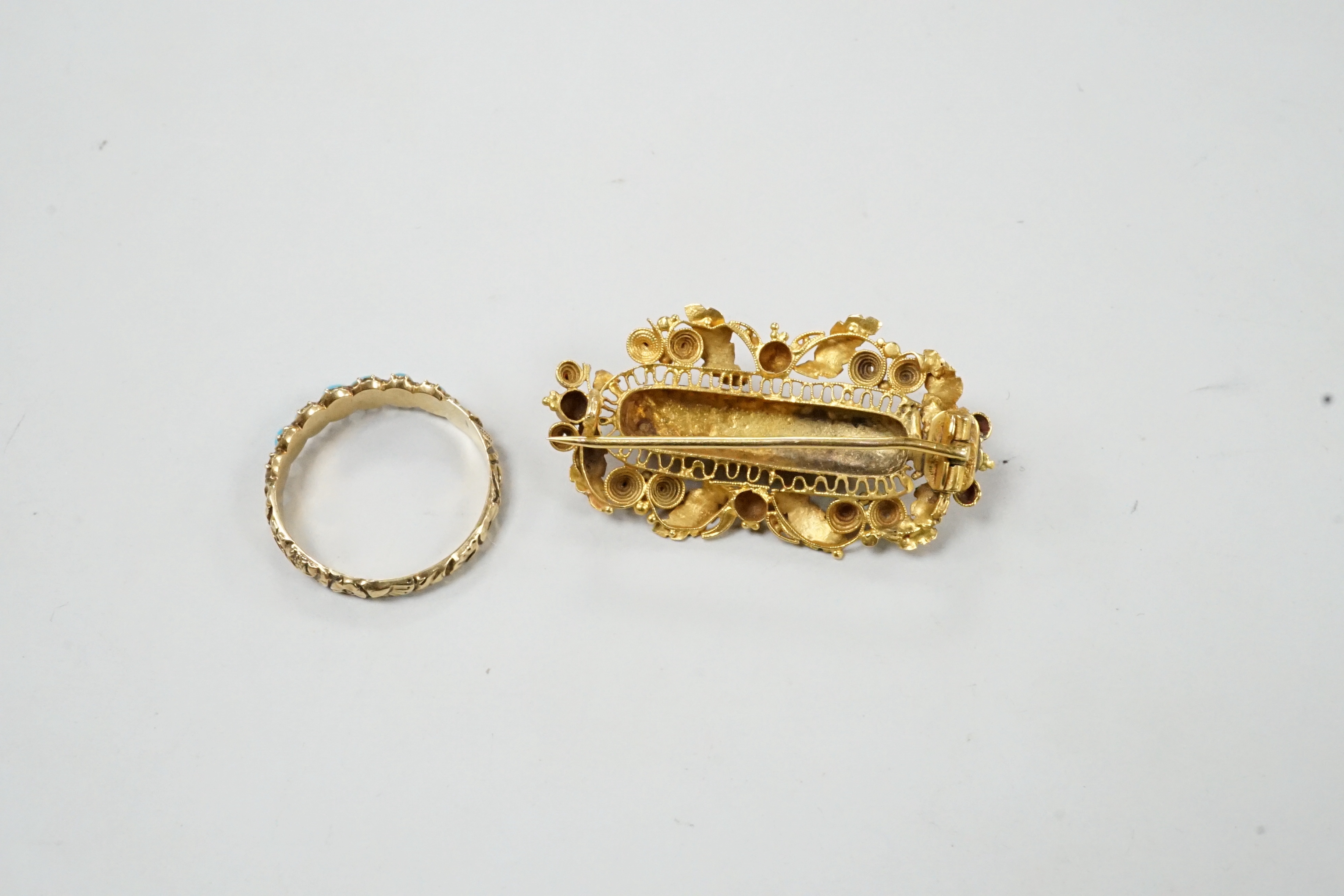 A Victorian yellow metal and gem set 'Regard' brooch, 36mm and a yellow metal and turquoise set half hoop ring (stone missing), gross weight 6.1 grams.